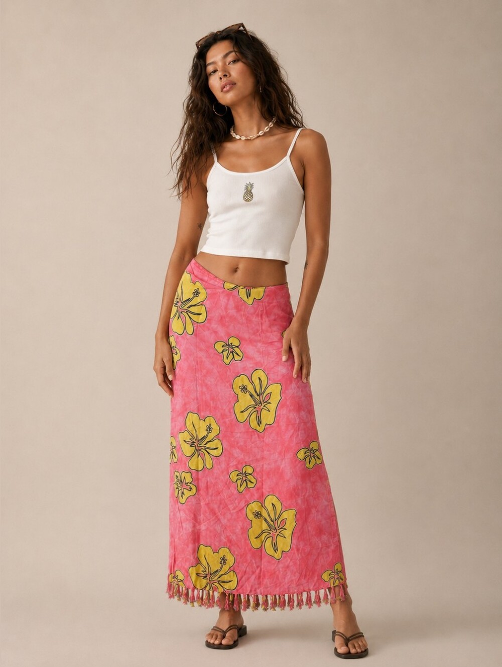 Vintage 90s East West Hawaiian Wrap Maxi Skirt Size M Tassel Hem Floral